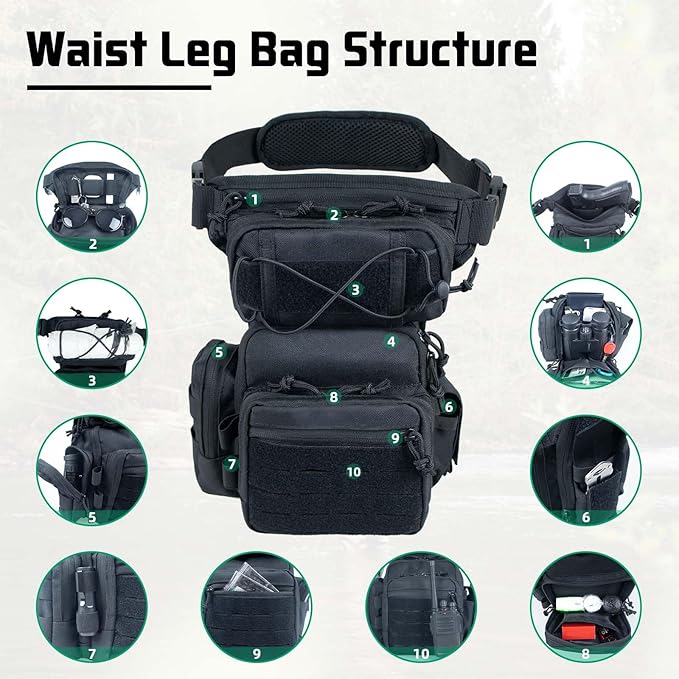 Tactical Drop Leg Bag For Men Black Crossbody bag Backpack Thigh Pouch Military Hunting Outdoor Sling Bags Motorcycle Tool Work Waist Leg Pouch Bags Women Fanny Pack