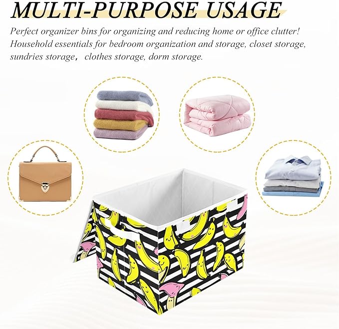 Stripes Pink Yellow Bananas Storage Box with Lid 1 PC Foldable Storage Bin with Lids Stackable Storage Bins Cube Closet Organizer Basket with Flip-Top Lid &amp Handles for Shoes Books Towels