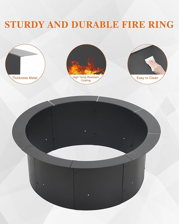 BPS 36 Inch Fire Pit Ring Heavy Duty Metal Round Fire Pit for Outdoor DIY Wood Burning Backyard Camping Patio Bonfire