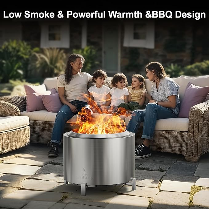 27 inch Stainless Steel Smokeless Fire Pit Outdoor Smokeless Firepit Wood Burning Fire Pits for Camping Bonfire Low Smoke Firepit for Outside (Vertical Hole)