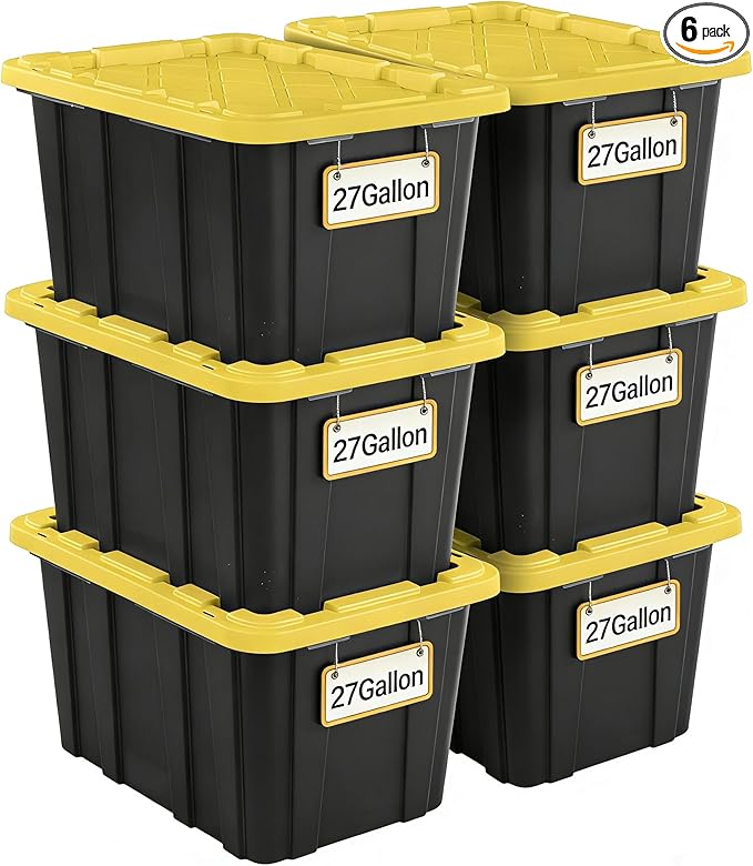 6-Pack 27-Gallon Heavy Duty Storage Bins Stackable Plastic Container with Snap Lid Organizer Tote for Garage Attic Closet Basement Truck Bed - Black and Yellow