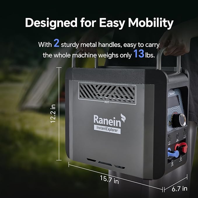 Ranein Portable Propane Water Heater for Camping On-Demand Outdoor Hot Shower Built-In 4000mAh Rechargeable Battery Compact Instant Hot Water Heater