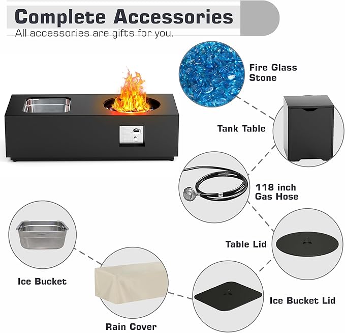 2-Piece 48 Rectangular Propane Fire Pit for Outside Patio with Hidden Tank Table &amp Ice Bucket 50000 BTU Fireplaces with Lid Glass Rocks Cover(Black w/Ice Bucket)
