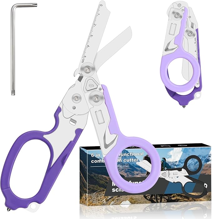 6-in-1 Heavy-Duty Emergencytrauma shears Folding Retractable Emergency Shears Outdoor Camping Tools Seat Belt Cutter Oxygen Cylinder Wrench Complimentary Adjustable Wrench (Purple)