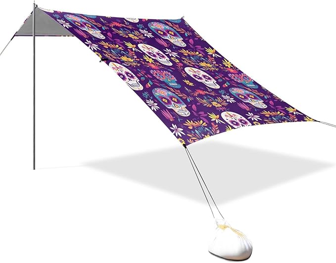 ALAZA Purple Skull Flower Pattern Beach Tent Sun Shelter Portable Canopy Sunshade for Outdoor Camping Picnics Backyard Fun 10x9 ft