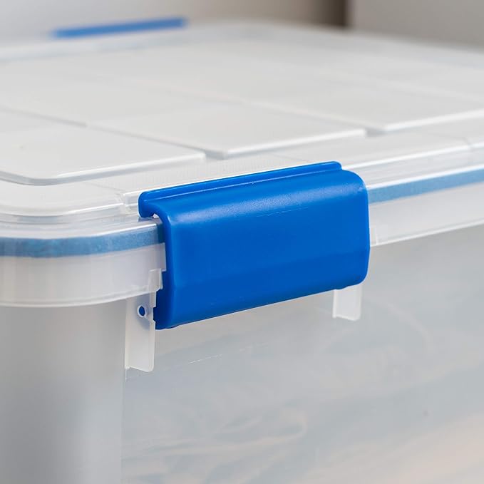 IRIS USA WeatherPro 27 Qt Storage Bins with Lids 3 Pack BPA-Free Plastic Gasket Box with Tight Latch and Seal Stackable Nestable Tote Tub - Clear/Blue