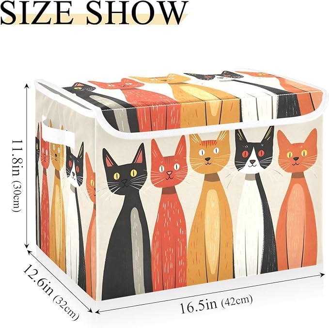 Abstract Cartoon Cat Storage Cube Bins Basket with Lid Collapsible Flip-top Fabric with Handle for Home Bedroom Closet Office 16.5×12.6×11.8 in