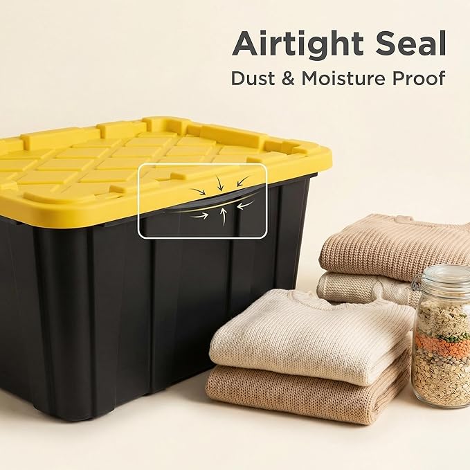 6-Pack 27-Gallon Heavy Duty Storage Bins Stackable Plastic Container with Snap Lid Organizer Tote for Garage Attic Closet Basement Truck Bed - Black and Yellow
