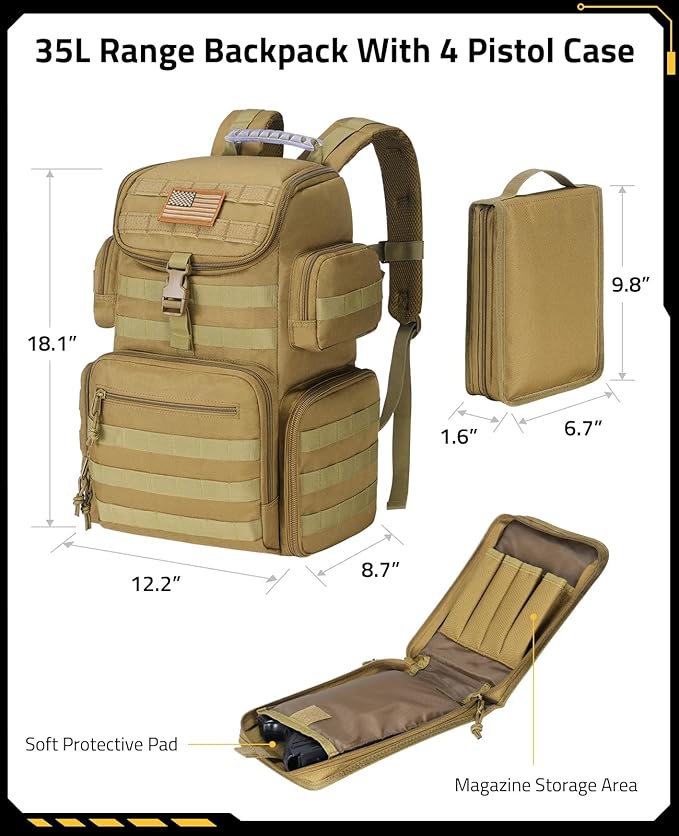 CVLIFE Tactical Range Backpack with Removable Divider Gun Cases Bag with 4 Pistol Carrying Cases Rucksack for Shooting (Tan Medium)