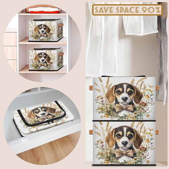 Beagle Dog Storage Box with Lid Golden wheat ears Collapsible Storage Bins Baskets Cubes Closet Shelf Clothes Organizer Containers with PU Leather Handles