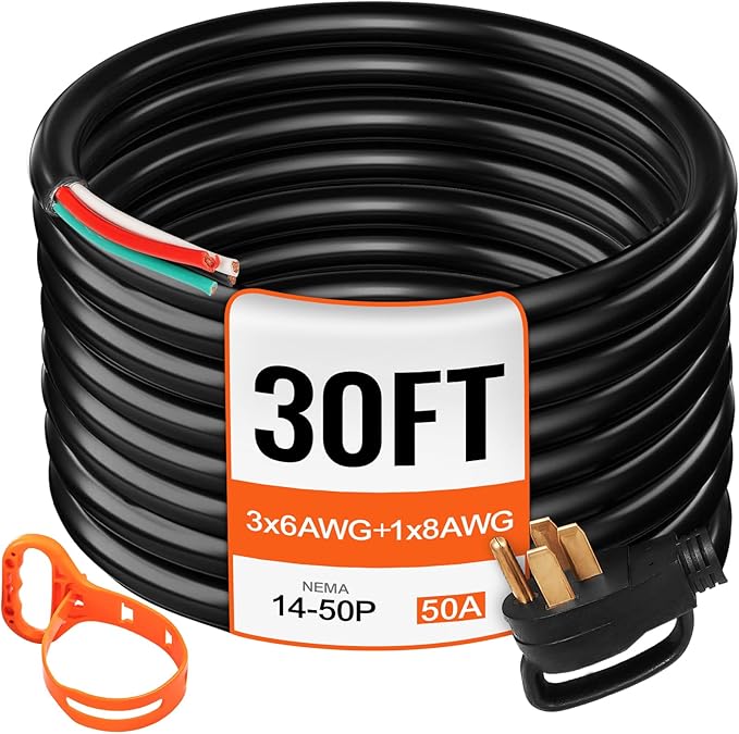 VEVOR 30 ft 50A RV Power Cord 6/3 + 8/1 AWG Generator Cable with NEMA 14-50P to Bare Wire Heavy-Duty Flexible for RV Camper and Outdoor Generator Connections