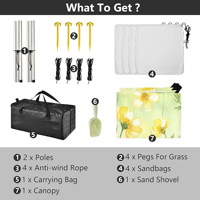 xigua Yellow Flowers Beach Tent Sun Shelter with Carrying Bag - Silver Coated Oxford Fabric Beach Canopy for Beach Camping Fishing - Includes Windproof Ropes Sandbags &amp Stakes