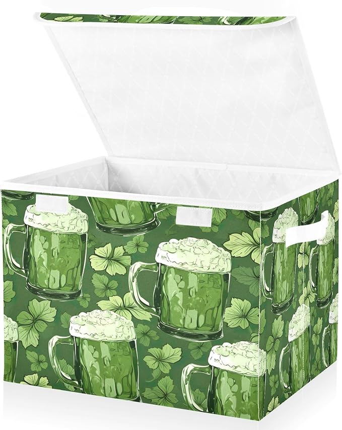 Christmas Storage Baskets with Lids Beer Glasses and Shamrocks (3) Collapsible Bins Stackable Fabric Linen Baskets Closet Organizer Container 16.5x12.6x11.8