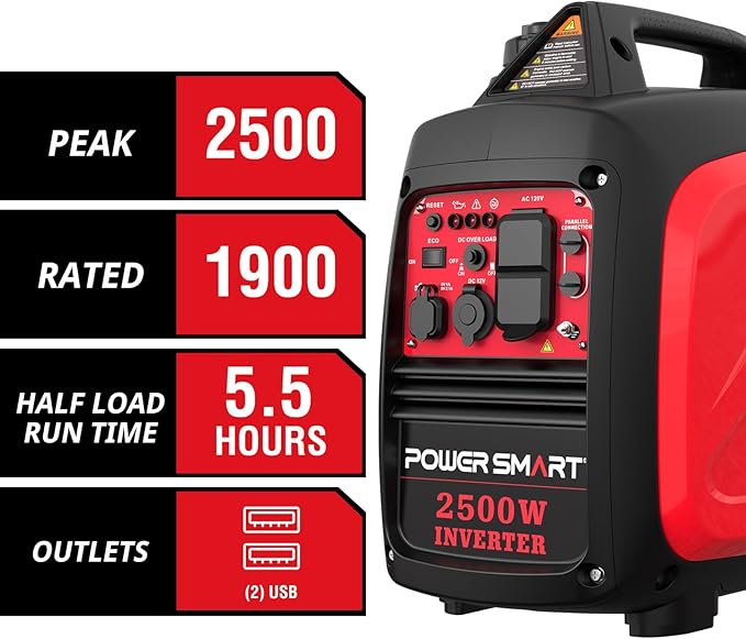 PowerSmart 2500 Watt Portable Inverter Generator 79.8cc Gas Powered Engine with 5.5H Long Runtime Ultra Quiet Small Generator for Camping RV Home Power Outage and Outdoor Emergency