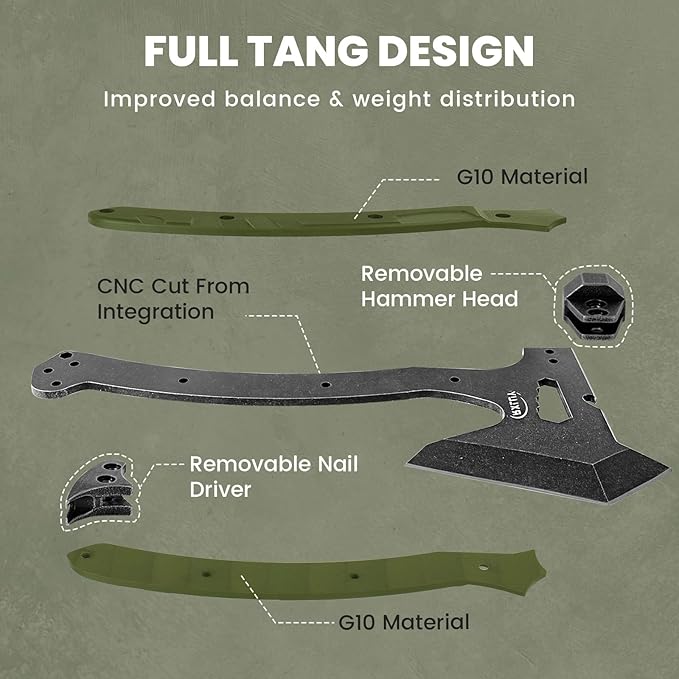 Tactical Axe with G10 Handle Camping Survival Hatchet Multifunctional Hiking Outdoor Heavy Duty Full Tang Tomahawk Tools with Hammer Unique Design Crowbar Leather Sheath (Green)