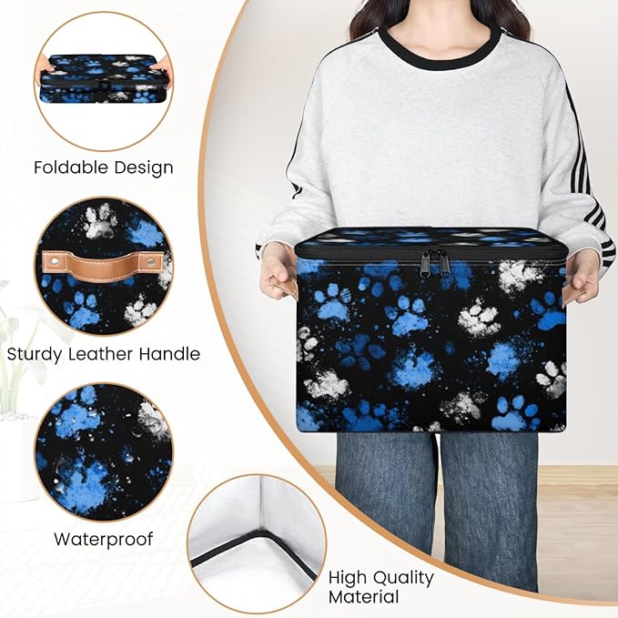 Storage Bin with Lid Paws Prints Stackable Closet Storage Bins Decorative Bedroom Organizer Box Lidded Baskets Living Room Storages Boxes Cube Organizer Cute Container with Handles