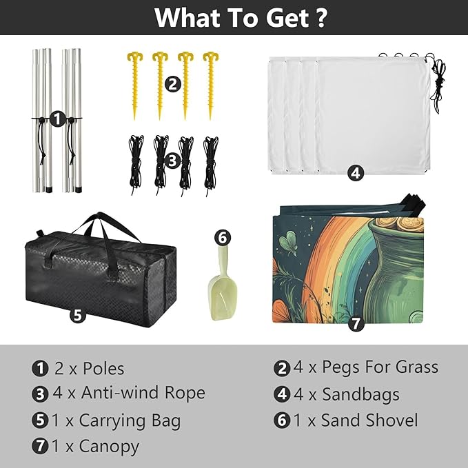 St Patrick's Day Coin Pot Beach Tent Sun Shelter Set UPF50+ UV Protection 10.5 x 9.19 FT Camping Shade Canopy with Sandbags Sand Anchors Carrying Bag and Others