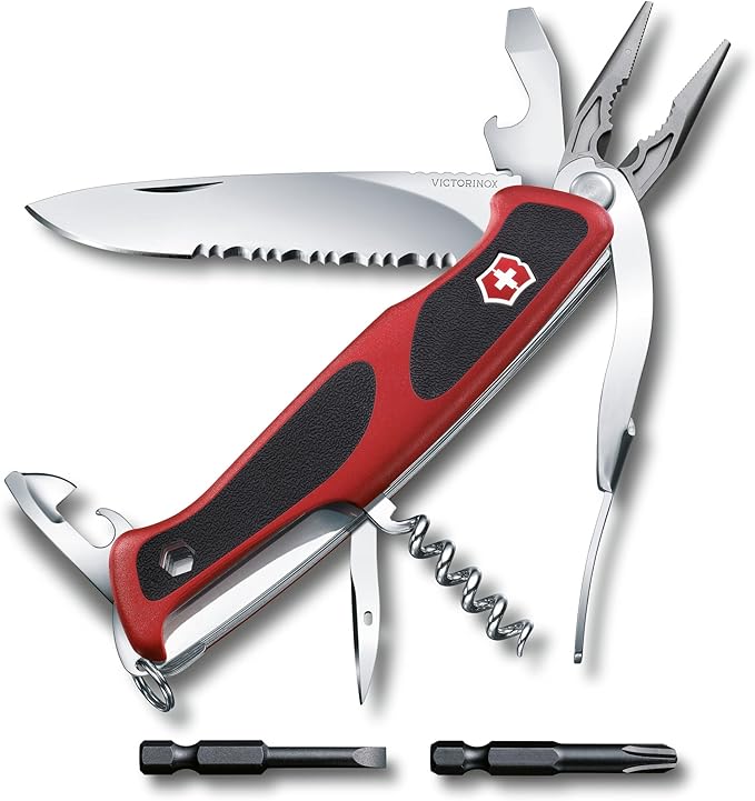 VICTORINOX 0.9728.WC Ranger Grip 174 W Red/Black Swiss Army Knife Multi-functional Knife Outdoor DIY Bit Wave Blades Large Blade with Small Pliers 17 Functions Swiss Multi-Tool Compact