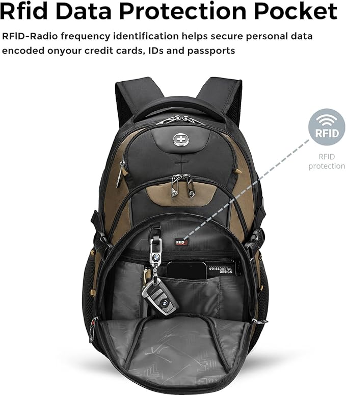Swissdigital Design Laptop Backpack with USB Charging Port Travel Backpack Fits 15.6 inches Computer 31L College School Backpack for Men Tan/Black | SD803-34