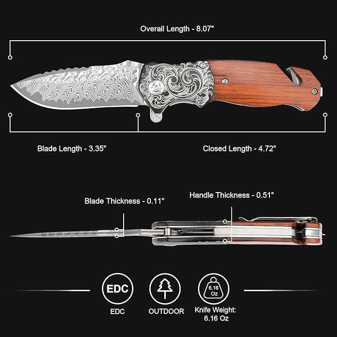 Zingbee Pocket Knife with Glass Breaker EDC Damascus Folding Knife with Seatbelt Cutter 3.35 VG10 Damascus Steel Blade Multitool Pocket Knives with Wood Handle