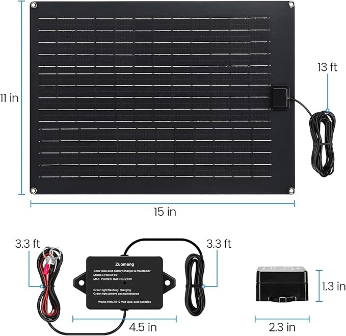 Solar Battery Charger Maintainer Zuomeng 20W Solar Panel Kit for Dump Trailer Built-in Maintenance Pulse &amp Intelligent MPPT Charge Controller Waterproof Suitable for 12V Lead-Acid Battery