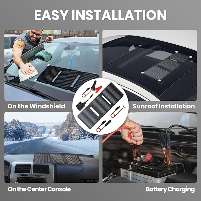 FlexSolar 28W 12V Portable Solar Panel Battery Charger Maintainer Kits Trickle Charger with Built-in Charge Controller Cig Plug Alligator Clips O-Rings OBDII Connector for Car TruckTractor Boat