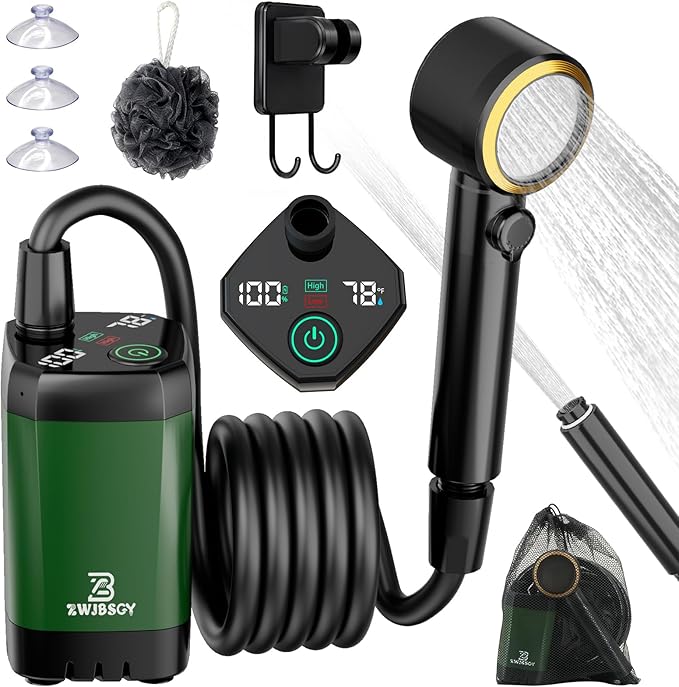 JITUIHOM Portable Camping Shower with 7800mAh Battery - 190 Minutes Runtime Smart LED Display &amp 4 Spray Modes for Outdoor Activities Hiking Traveling and Pet Bathing(7800mAH-Green)