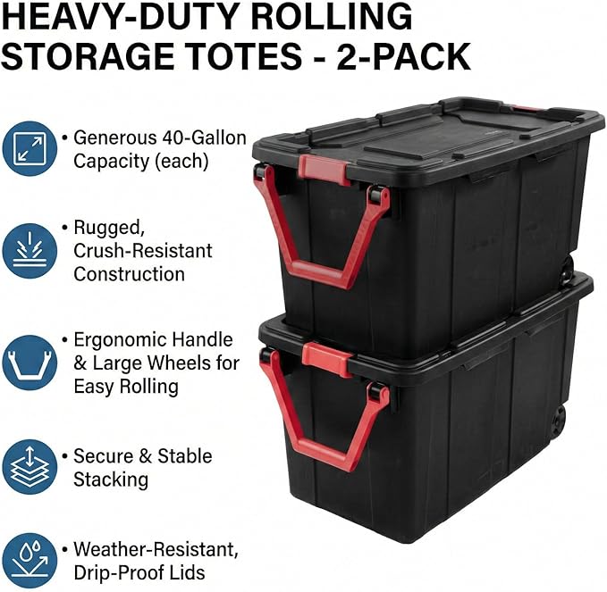 40 Gallon Plastic Storage Box with Wheels and Lids Stackable Industrial Tote Pack of 2 (Black)
