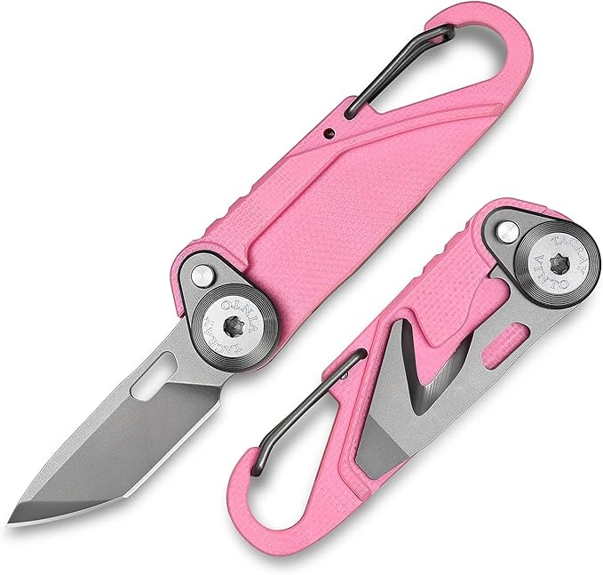 TACRAY Vinto 5-in-1 Small Pocket Knife – Ultra-Light Compact Multitool with Utility Knife Seatbelt Cutter Bottle Opener Flathead Screwdriver &amp Keyring Attachment for Everyday Carry (Pink)