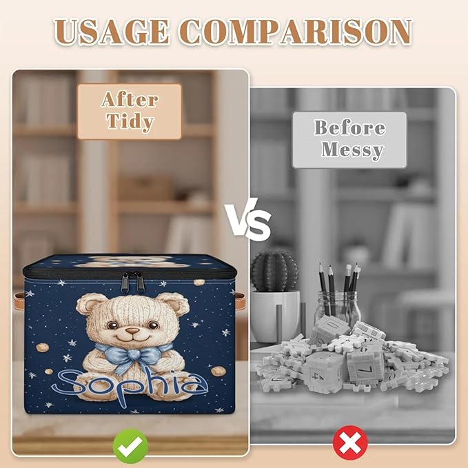 Custom Storage Basket with Name Personalized Storage Bins with Zipper Lid Foldable Fabric Storage Box Large capacity with Handle Starry Sky Bear
