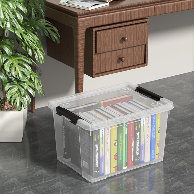 Set of 4 34 L Stackable Plastic Storage Bins with Latching Lids and Wheels Clear Home Organization Container Box See-Through