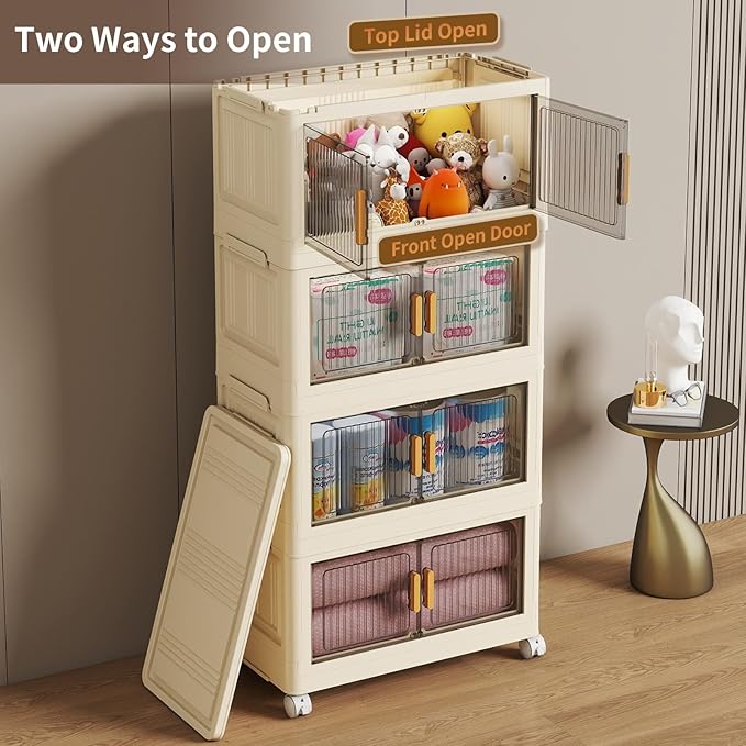 4 Tier Stackable Plastic Storage Bins with Lids 48QT Collapsible Closet Organizers and Storage with Wheels for Living RoomOfficeDorm