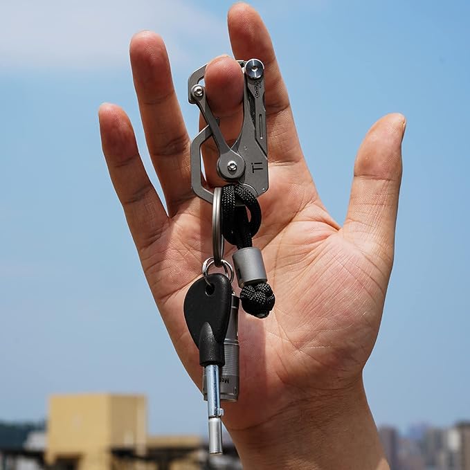 KeyUnity KU00 Titanium Quickdraw Carabiner with Folding Knife B Shaped EDC Multifunctional Keychain with 2 Inch Ruler Palm Sized Lightweight Stainless Body Perfect for Home/Office/Camping