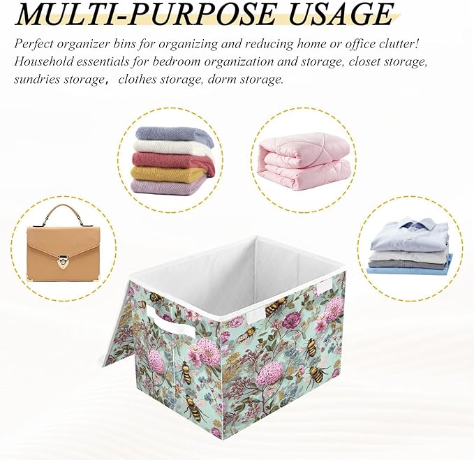 Sage Green Bees and Flowers Collapsible Storage Bins with Lids Decorative Fabric Cubes Closet Organizer Basket Boxes Containers for Clothes Box Chest Folding Rectangle