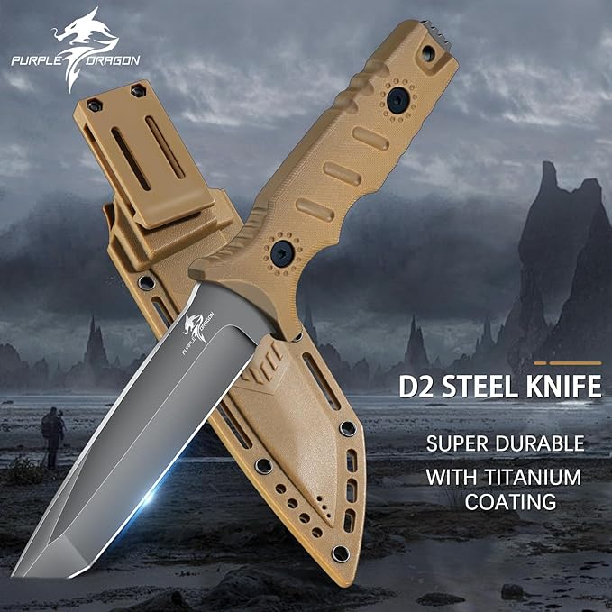 Purple Dragon Khaki Fixed Blade Outdoor Knife with Kydex SheathsD2 Steel Camping Knives for BushcraftHiking and WildernessFull Tang G10 Handle Gifts for Men