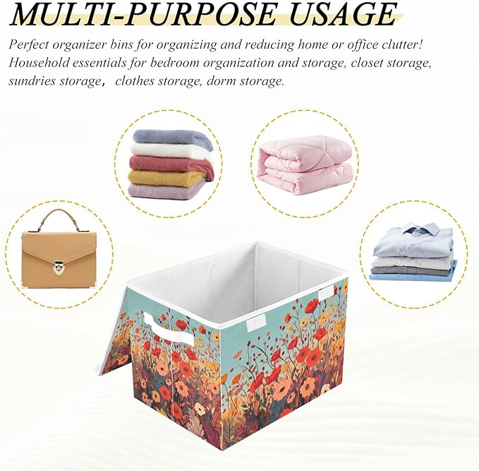 Collapsible Storage Bins with Lids Decorative Fabric Storage Cubes Closet Organizer and Storage Basket Boxes Containers for Clothes Box Chest Nursery Folding Rectangle Autumn Poppy Flowers