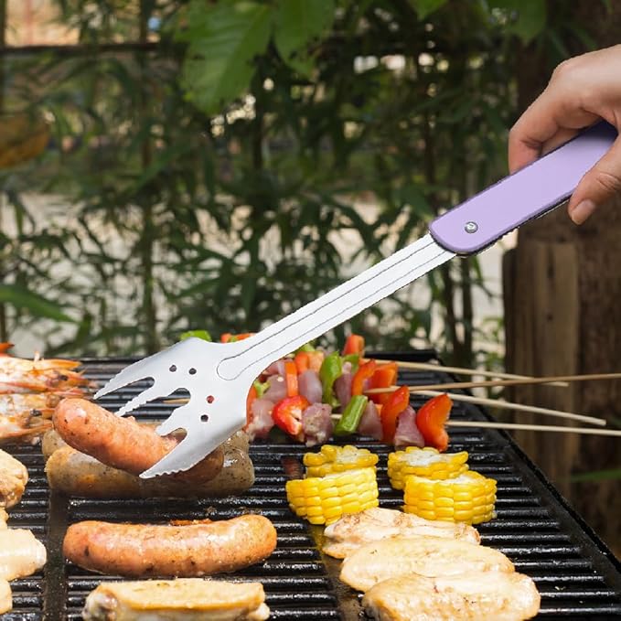 ROXON S601 14 6 in 1 MBT3 Folding Grill Utensils Set Fork Spatula Grilling Knife Tongs Opener for Backyard Barbecue and Camping (Purple)