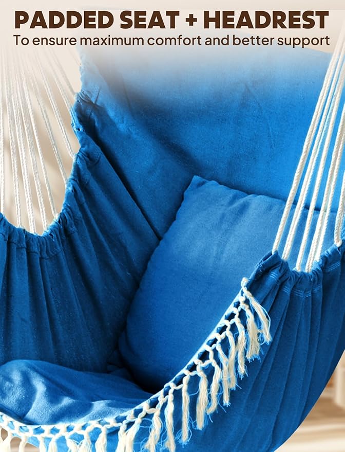 Chihee Hammock Chair Hanging Swing 2 Pillows IncludedStrong Webbing Straps and Hooks for Easy Hanging Soft Cotton Hanging Chair Side Pocket Tassel Chair Comfort Indoor Outdoor Royal Blue