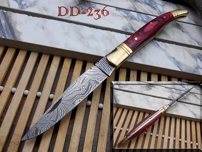Damascus Depot Laguiole style Folding knife with real Damascus steel blade 8.5 Long with 4 hand forged twist patren Blade. wood Camel Bone and Bull horn scale with brass bolster. Cow hide leather