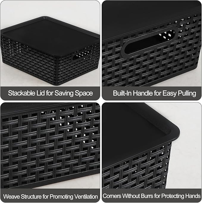 6 Pack Large Stackable Storage Baskets with Lids Plastic Lidded Storage Basket Bins for Shelves Closet Bathroom 13.86x 11.42x 5.24 Black