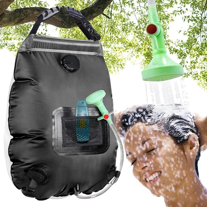 Solar Shower Bag 20L Camping Shower Bag with Switchable Shower Head Outdoor Bathing Essential for Beach Swimming Traveling Hiking Climbing (Black)