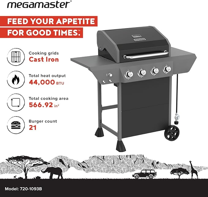 Megamaster 4-Burner Propane Gas Grill with Side Tables 44000BTUs 566.92 SQ. In. Cooking Space 2 Wheel Transport Outdoor Kitchen Grill for BBQs Backyards Tailgating and More - 720-1093B