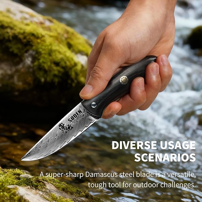 SODEN Damascus Camping Knife VG-10 Core Full Tang Fixed Blade for Survival &amp Outdoor Hunting | Ergonomic Rosewood Handle | Premium Knife Tool