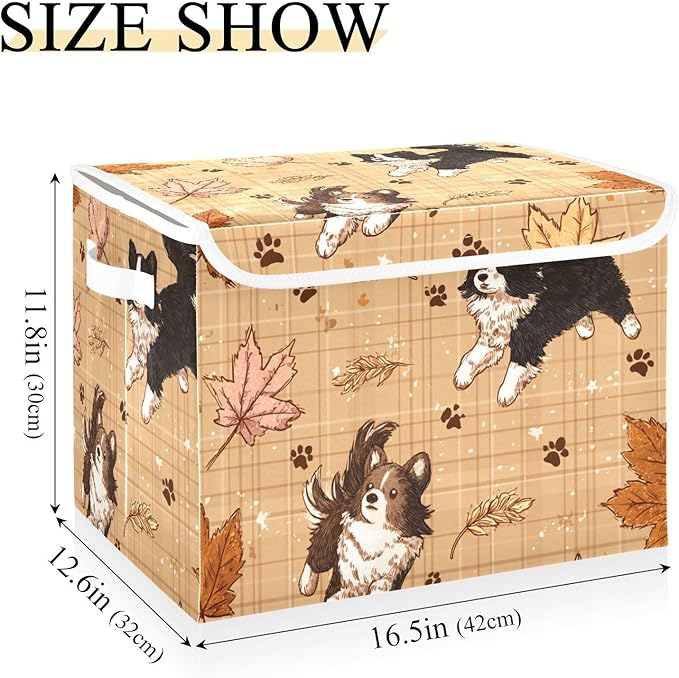 Brown Plaid Puppy Leaf Paw Storage Box with Lid 1 PC Foldable Storage Bin with Lids Stackable Storage Bins Cube Closet Organizer Basket with Flip-Top Lid &amp Handles for Shoes Books Towels