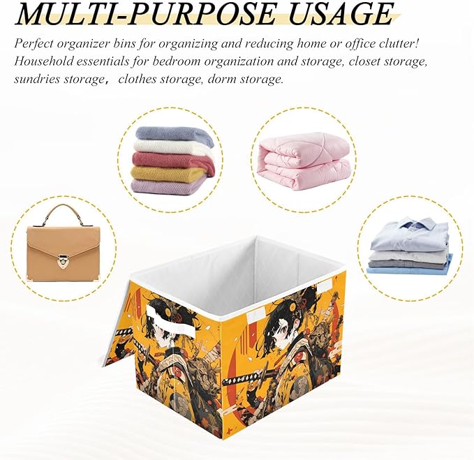 Anime Samurai Yellow Storage Cube Bins Basket with Lid Collapsible Flip-top Fabric with Handle for Home Bedroom Closet Office 16.5×12.6×11.8 in