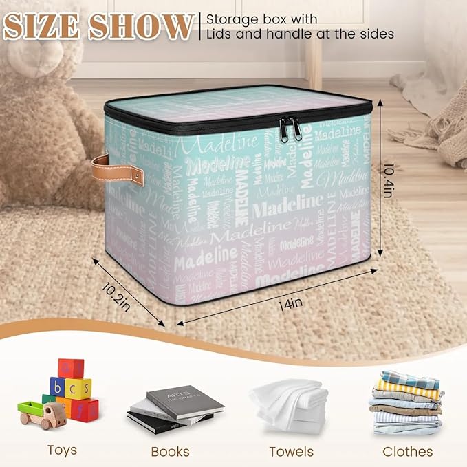 Custom Storage Basket with Name Personalized Keepsake Box with Zipper Lid Foldable Fabric Memory Bin Large capacity with Handle Green Pink