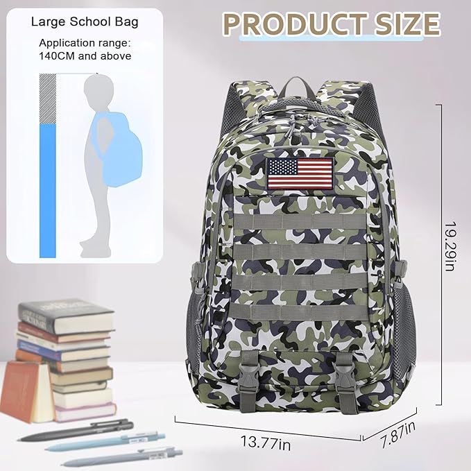 Camo Tactical Backpack for Boys - Waterproof 19'' Kids Bookbag with 15.6 Laptop Compartment MOLLE System School Bag for Camping Hiking Travel