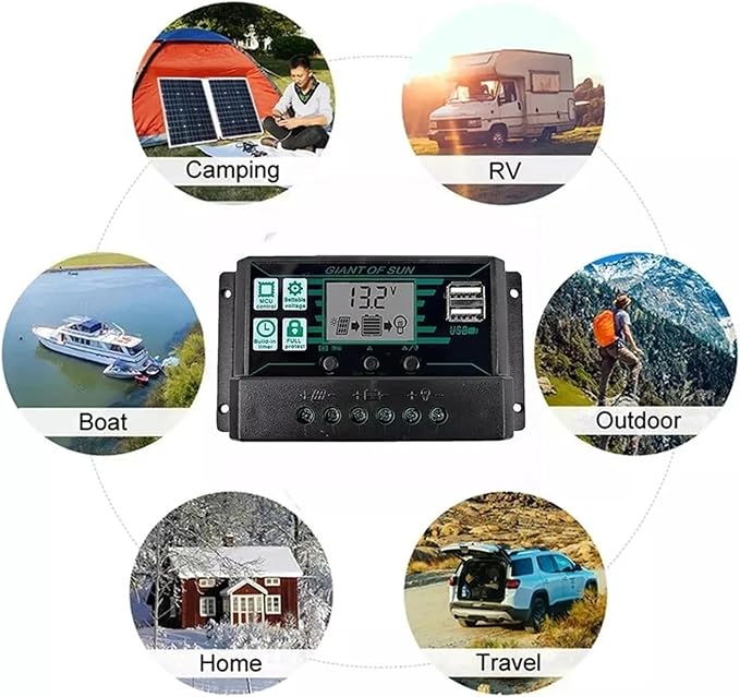 Solar Charge Controller 150A 100A 60A 50A 30A 20A 10A MPPT PWM Solar Char Controller 12V 24V LCD Display 2 USB Port Solar Panel Battery Regulatorfor Solar Panels(20A)