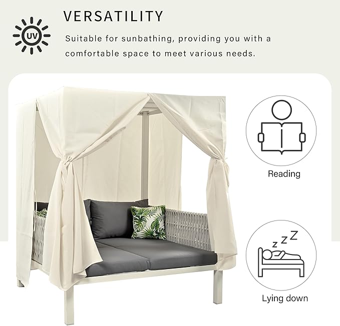 Polibi Outdoor Patio Sunbed with Beige CurtainsOutdoor Sun Lounger Bed with PillowsRubber Core Rope Weaving Outdoor Double Chaise Lounge Suitable for PoolGardenGray+Beige