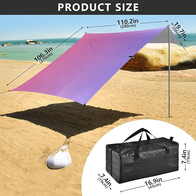 Blue Red Gradient Beach Cabana UPF50 Waterproof Sun Shelter with Sand Shovel Sandbags for Backyard and Camping